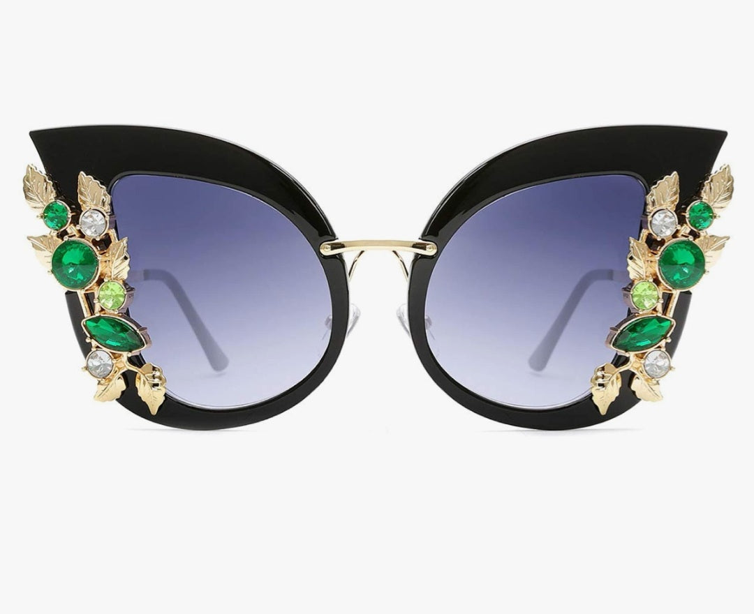 Jeweled Butterfly Shaped Oversized Rhinestone Sun Glasses with UV400 Protection