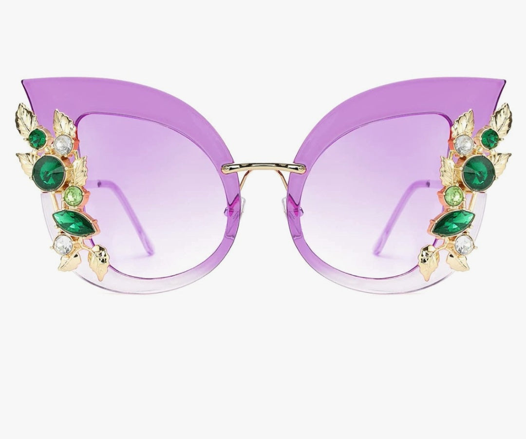 Jeweled Butterfly Shaped Oversized Rhinestone Sun Glasses with UV400 Protection