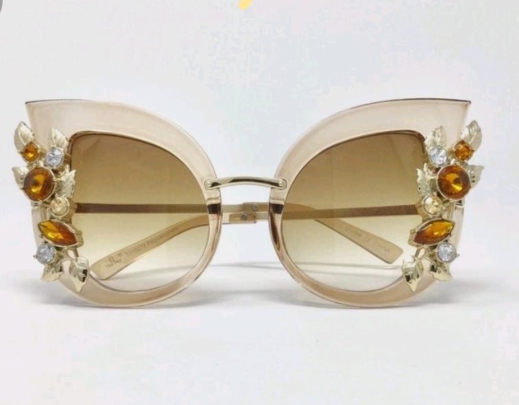 Jeweled Butterfly Shaped Oversized Rhinestone Sun Glasses with UV400 Protection